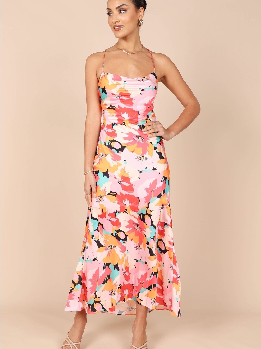 Petal & Pup Coral Pink Multi Floral Cowl Slip Maxi Dress